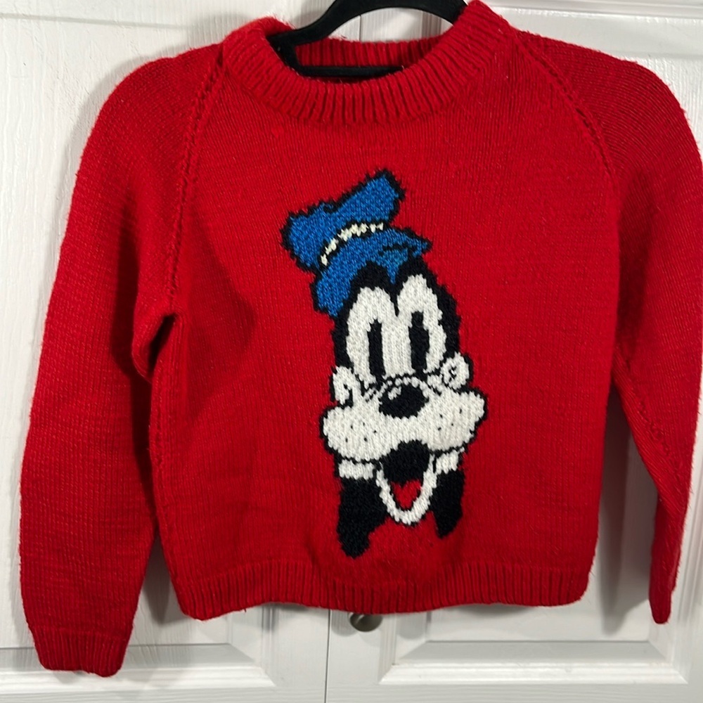 Vintage Disney Goofy Red Knit Sweater | Kids Graphic Pullover | Retro Cartoon
